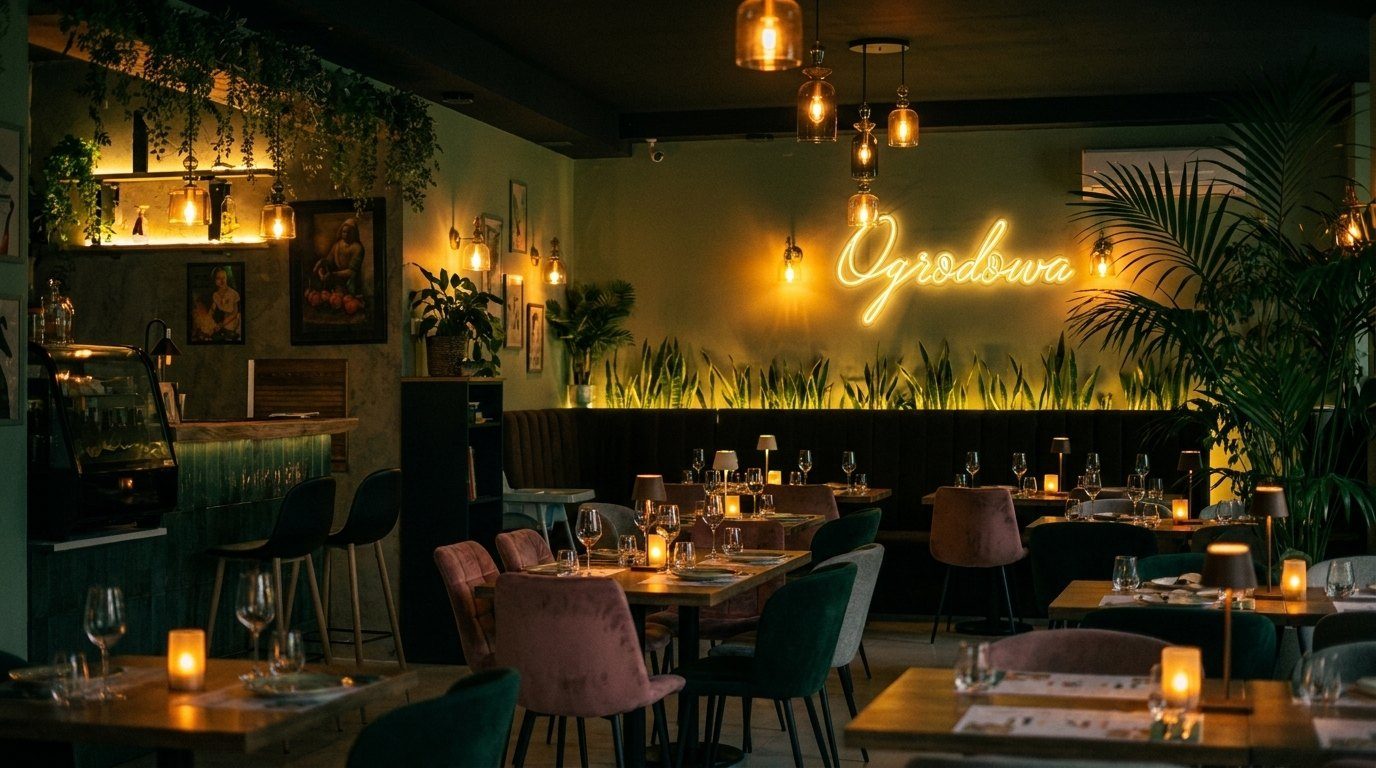 Pizzeria Ogrodowa wieczorem — klimatyczne, ciepłe światło