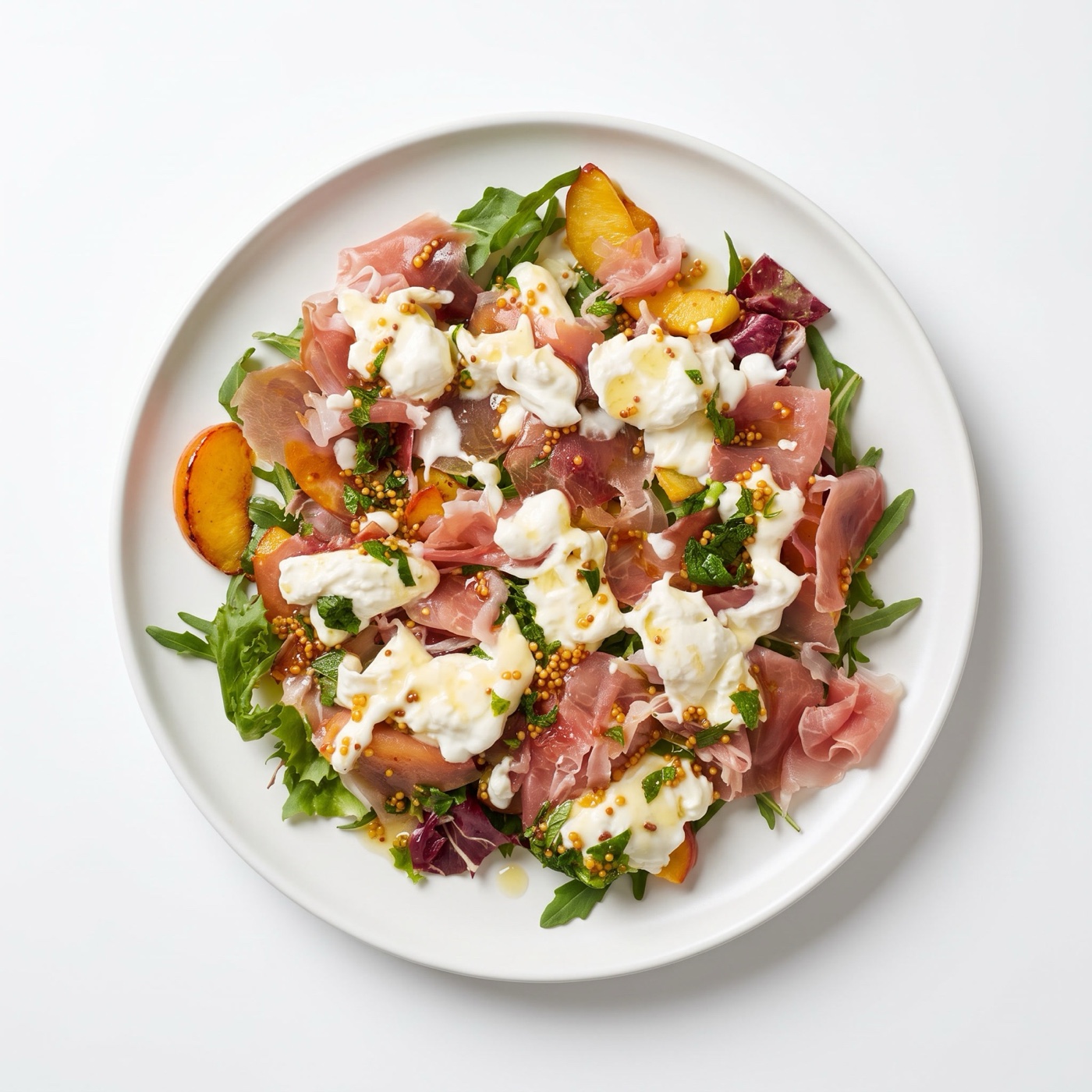 Sałatka z burratą, prosciutto crudo i nektarynką — Pizzeria Ogrodowa w Wieluniu